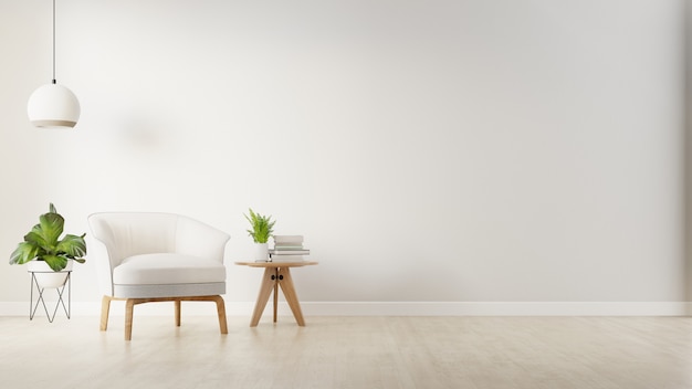 Foto el interior tiene un sillón sobre fondo de pared blanca vacía, representación 3d