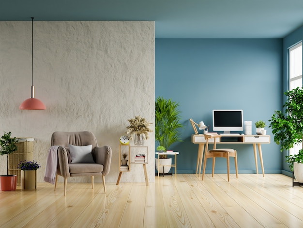 El interior tiene un sillón sobre fondo de pared de yeso blanco vacío / interior de sala de trabajo con pared oscura simple, representación 3D