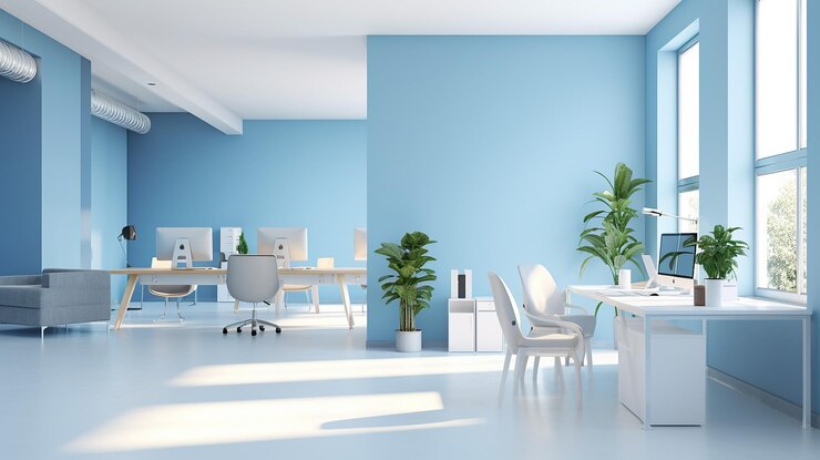Interior de trabajo conjunto contemporáneo con banner IA generativa