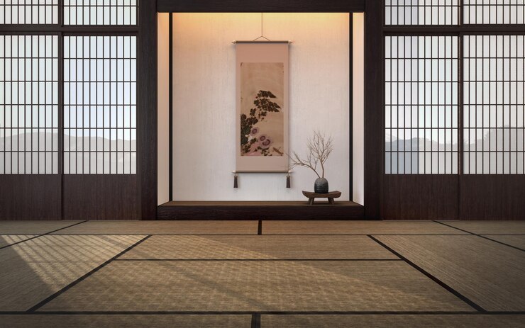El interior tradicional japonés de la habitación vacía con esteras de tatami y luz solar