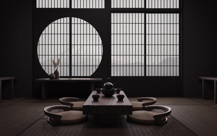 Interior tradicional japonés de la sala de té con esteras de tatami