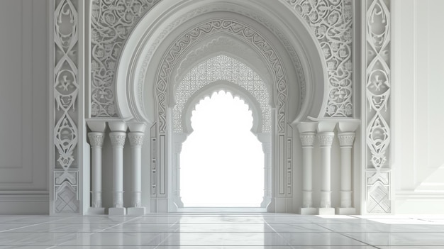 Interior tradicional oriental Arco com bela escultura Sala cinza branca Ramadã Generativo Ai