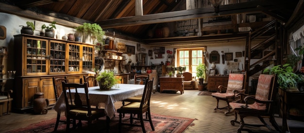 Interior tradicional ruso de una vieja granja