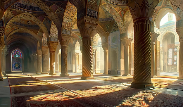 Interior tranquilo da mesquita com raios de sol e design intrincado