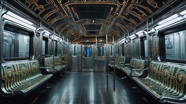 El interior de un tren de metro con muchos asientos