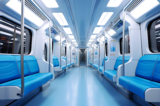 Interior de un tren moderno con asientos azules