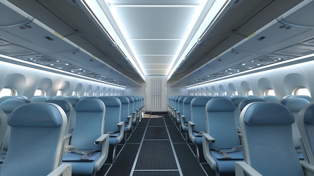 Interior vacío del avión con filas de asientos azules Cabina de avión comercial con iluminación LED Viajes aéreos modernos sin pasajeros Pasillo de avión amplio y limpio IA