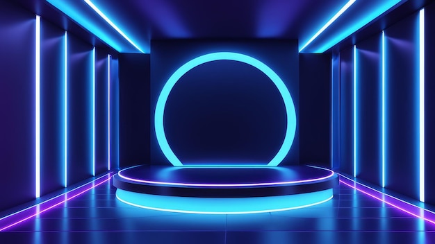 interior vacío del club nocturno con paneles de neón brillantes azul fondo futurista abstracto