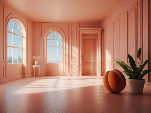 Interior vacío de color melocotón con puerta mucha luz solar minimalista contemporáneo