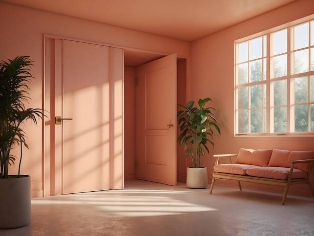 Interior vacío de color melocotón con puerta mucha luz solar minimalista contemporáneo