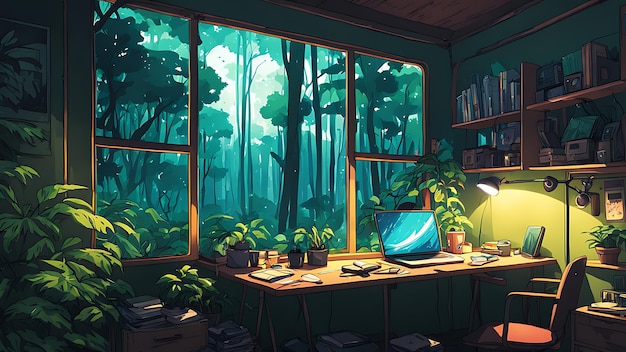 Foto el interior vacío de lofi con una vista desordenada de la ventana del escritorio papel tapiz de estilo anime