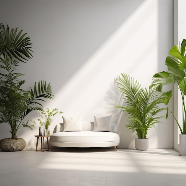 Interior vacío minimalista con plantas verdes, sofá blanco y elegante IA generativa