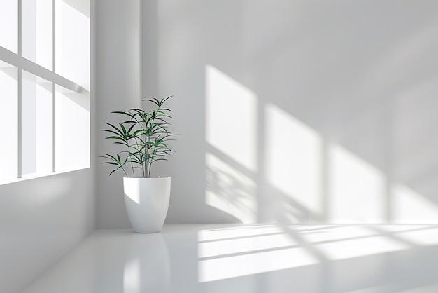 Interior vazio da sala com plantas em vaso luz do dia e espaço de cópia na parede branca maquete de renderização 3D