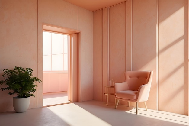 Interior vazio de cor pêssego com porta, muita luz solar, minimalista contemporâneo.