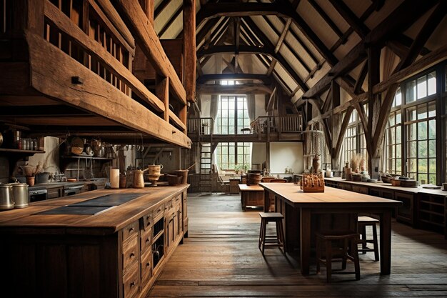 Interior vazio de cozinha rústica com móveis de madeira