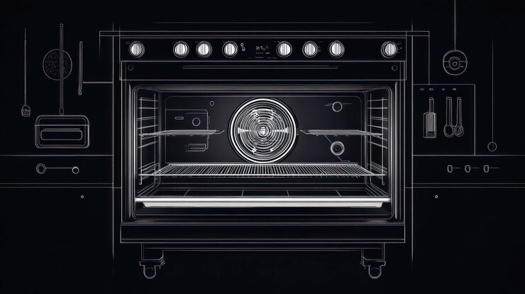 Foto interior vazio de forno moderno delineado em linhas brancas em um fundo escuro