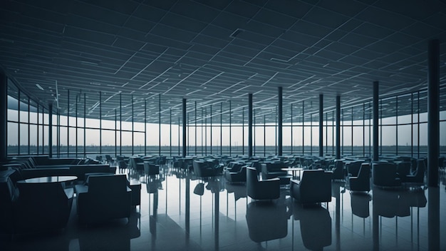 Interior vazio do terminal do aeroporto com céu azul e nuvens