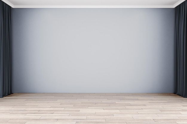 Interior vazio minimalista com cortina e parede cinza em branco