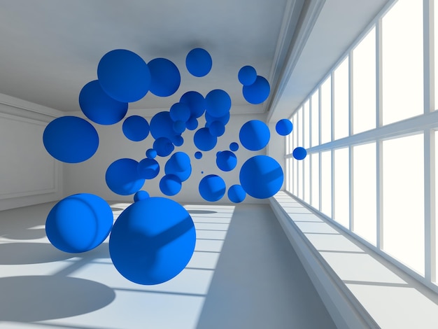 Interior vazio surreal. Imagem 3d interior vazia surreal com esferas flutuantes