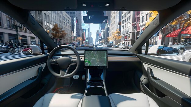 Interior de vehículo eléctrico moderno con vista a las calles de la ciudad tablero de instrumentos de automóviles futurista transporte sostenible diseño limpio y elegante escena de conducción urbana IA