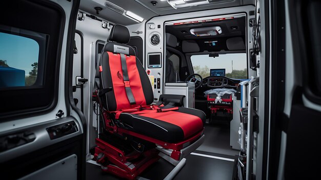 Foto interior de un vehículo de emergencia moderno modelo de ambulancia de accidente sin nadie