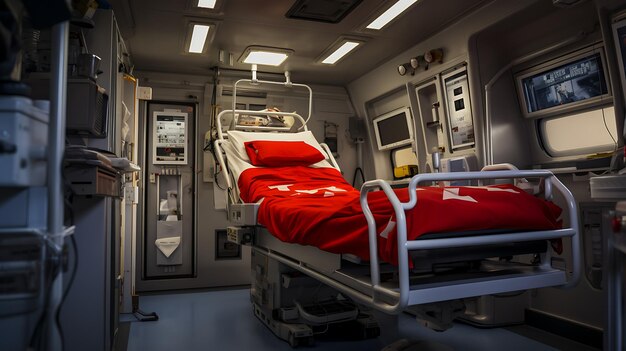 Foto interior de un vehículo de emergencia moderno modelo de ambulancia de accidente sin nadie