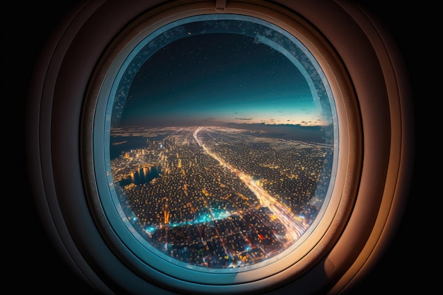 Interior de la ventana del avión bajo la luz de la ciudad Hecho con IA generativa