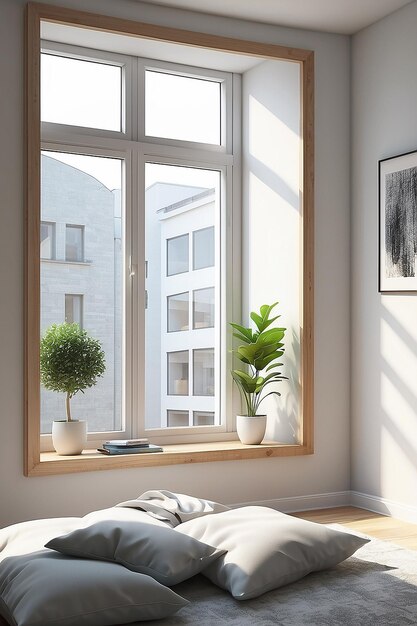 El interior de la ventana del dormitorio junto a una ilustración de ventana brillante