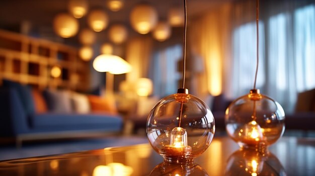 Interior de un vestíbulo de hotel con mesa de madera y lámparas decorativas