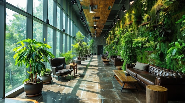 Interior de un vestíbulo de hotel con muchas plantas y muebles