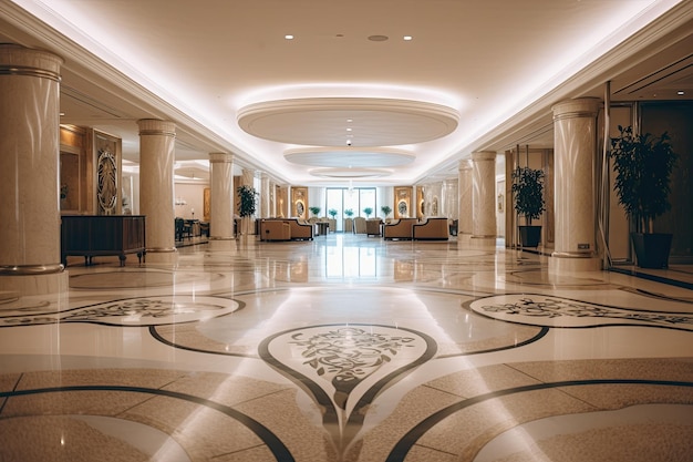Interior del vestíbulo de un hotel con suelo de mármol y paredes blancas Un gran y lujoso interior del vestíbulo del hotel con hermosos candelabros y una gran escalera Generado por IA