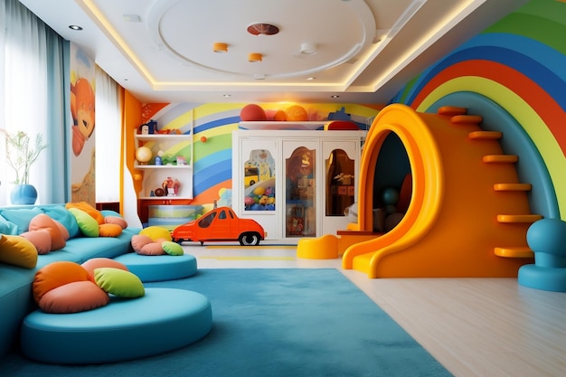 Interior vibrante da sala de jogos infantis com IA generativa de design colorido