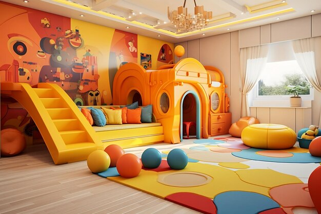 Interior vibrante de la sala de juegos para niños con IA generativa de diseño colorido