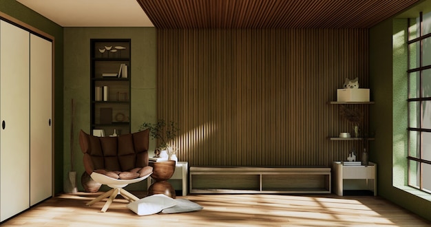 Interior de vida de estilo Wabisabi Concepto Verde habitación japonesa Representación 3D