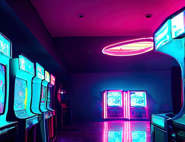 Interior de Video Arcade con luz de neón con IA generativa