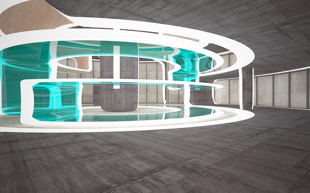 Interior de vidrio y madera de hormigón abstracto con ilustración y renderizado 3D de ventana