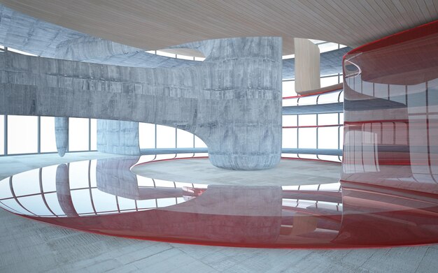 Interior de vidrio y madera de hormigón abstracto con ilustración y renderizado 3D de ventana