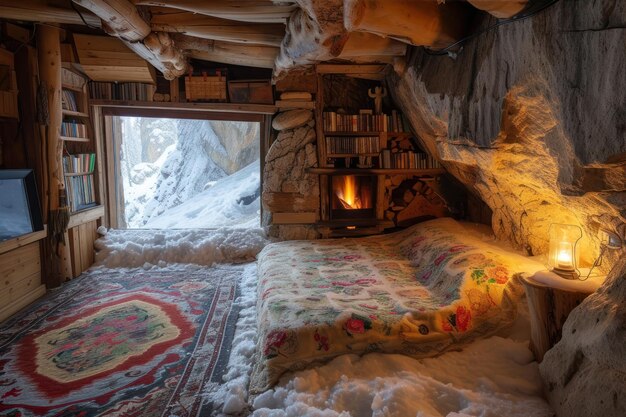 Interior de una vieja casa de madera en las montañas Invierno