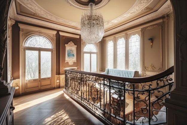 Interior de una villa de lujo en estilo Art Nouveau con iluminación de la ventana y luz de fondo