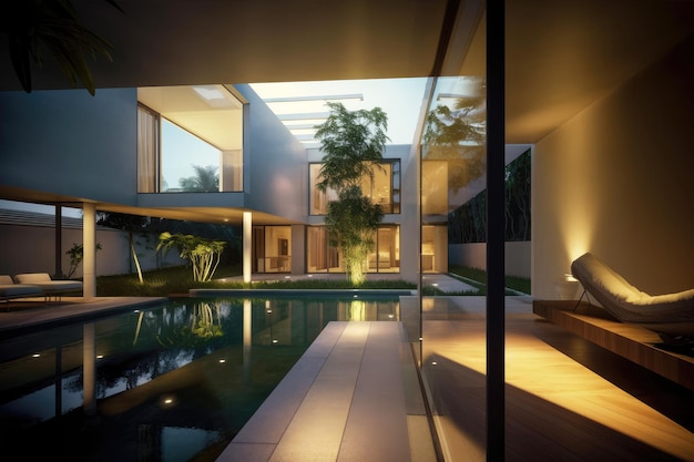 Interior de una villa de lujo con piscina a la luz del sol poniente y la luz de fondo