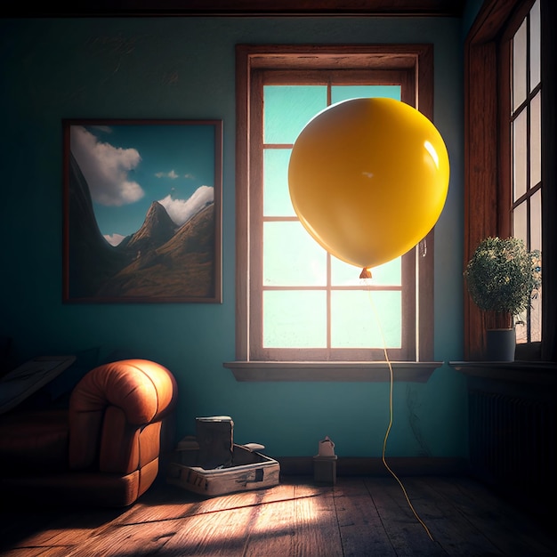 Foto interior vintage azul y marrón con globo amarillo