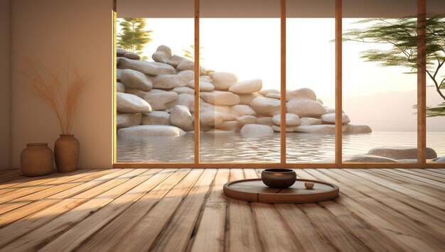 Interior con una vista al río con piedras y árboles jarrones en un piso de madera por una gran ventana