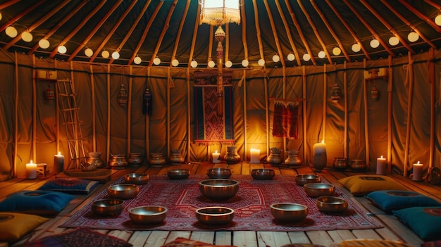Foto el interior de una yurta débilmente iluminada está lleno de los suaves sonidos de campanas y cantos tibetanos