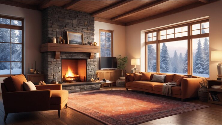 Interiores acogedores con chimeneas Habitación interior durante el invierno