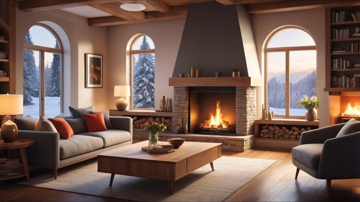 Interiores acogedores con chimeneas Habitación interior durante el invierno
