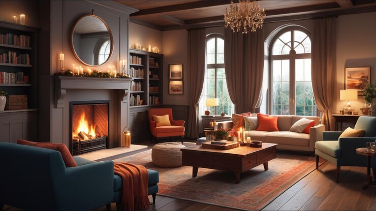 Interiores acogedores con chimeneas Habitación interior durante el invierno