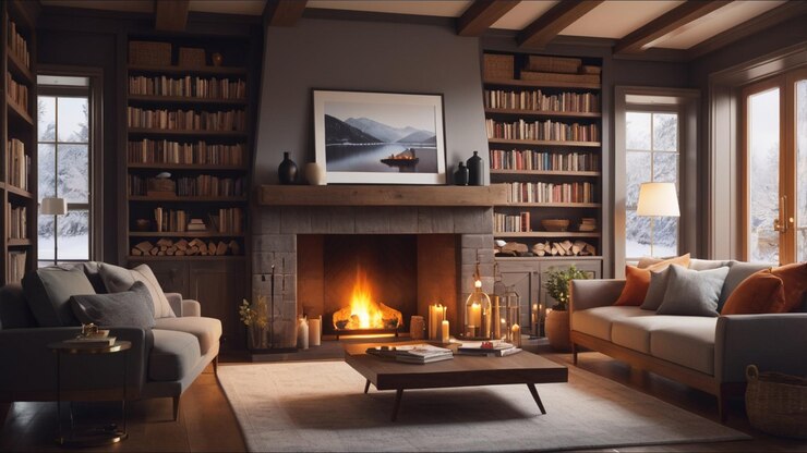 Interiores acogedores con chimeneas Habitación interior durante el invierno