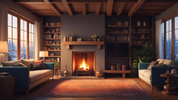Interiores acogedores con chimeneas Habitación interior durante el invierno