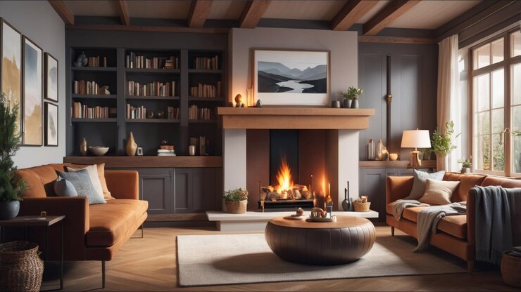 Interiores acogedores con chimeneas Habitación interior durante el invierno