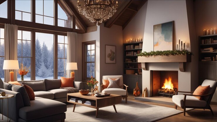 Interiores acogedores con chimeneas Habitación interior durante el invierno